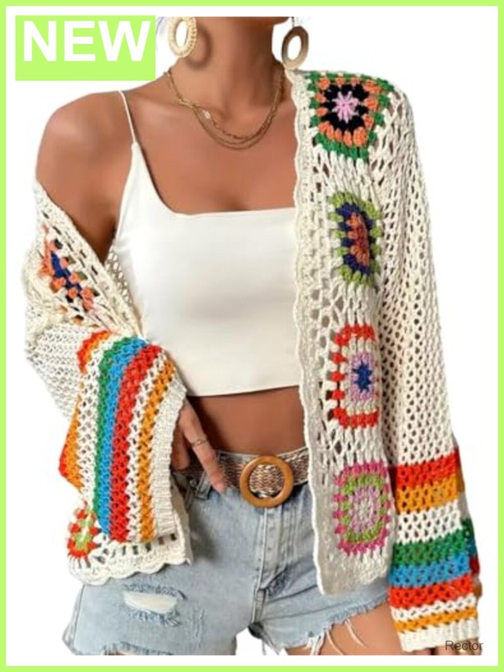 Boho Floral Crochet Cardigan Open Front Long Sleeve Loose Fit
